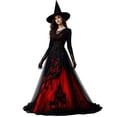 thumbnail image 3 of KLHDSF Women's Halloween Chiffon Lace Long Dress Round Neck Long Sleeve Hollow Out Lace Maxi Dress Gothic Party Witch Costume Dress For Women Red M, 3 of 8