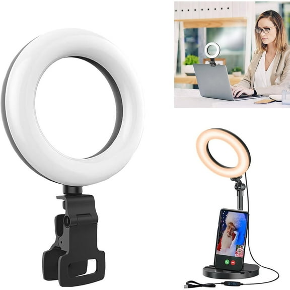 Ring Light with Stand, Desk Ring Light with Clip Upgraded 10W 3000K-6500K Travel Desktop Light for Phone Selfie Laptop Zoom Video Makeup Vlog Tiktok Live Streaming