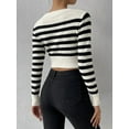 thumbnail image 5 of Women'S Striped Long Sleeve Crop Top Ribbed Knit Crewneck Fitted Casual Tee Tops White S, 5 of 10