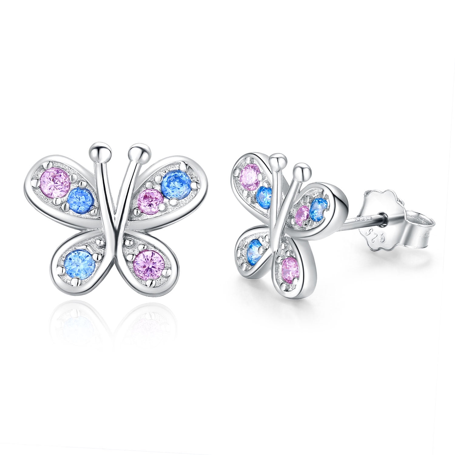 Cuoka Butterfly Stud Earrings White Gold Plated Butterfly Earrings for Women, Cubic Zircon 925 Sterling Silver Earrings for Sensitive Ears Girls Jewelry Gifts