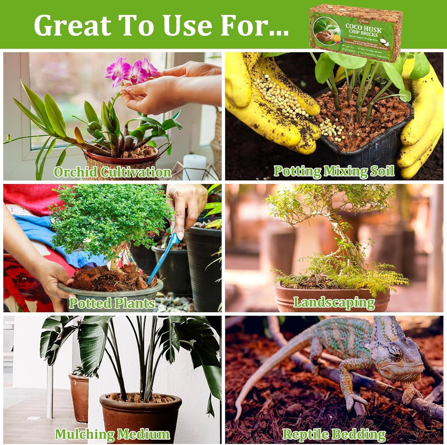 8 Pack Coco Chips Substrate for Plants- 8.8lb 100% Organic Coconut Husk Brick with Low EC and pH Balanced, High Expansion Coconut Substrate Coco Husk Mulch for Garden Flowers, Herbs, Planting