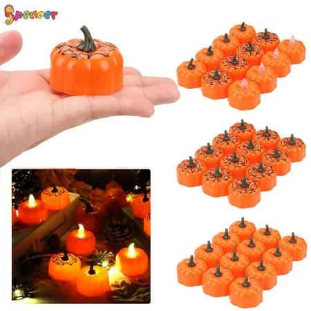 Spencer 12 Pack Halloween LED Pumpkin Lights Pumpkin Tea Lights Battery Operated Jack O’ Lanterns for Halloween Decoration (Spider Web)