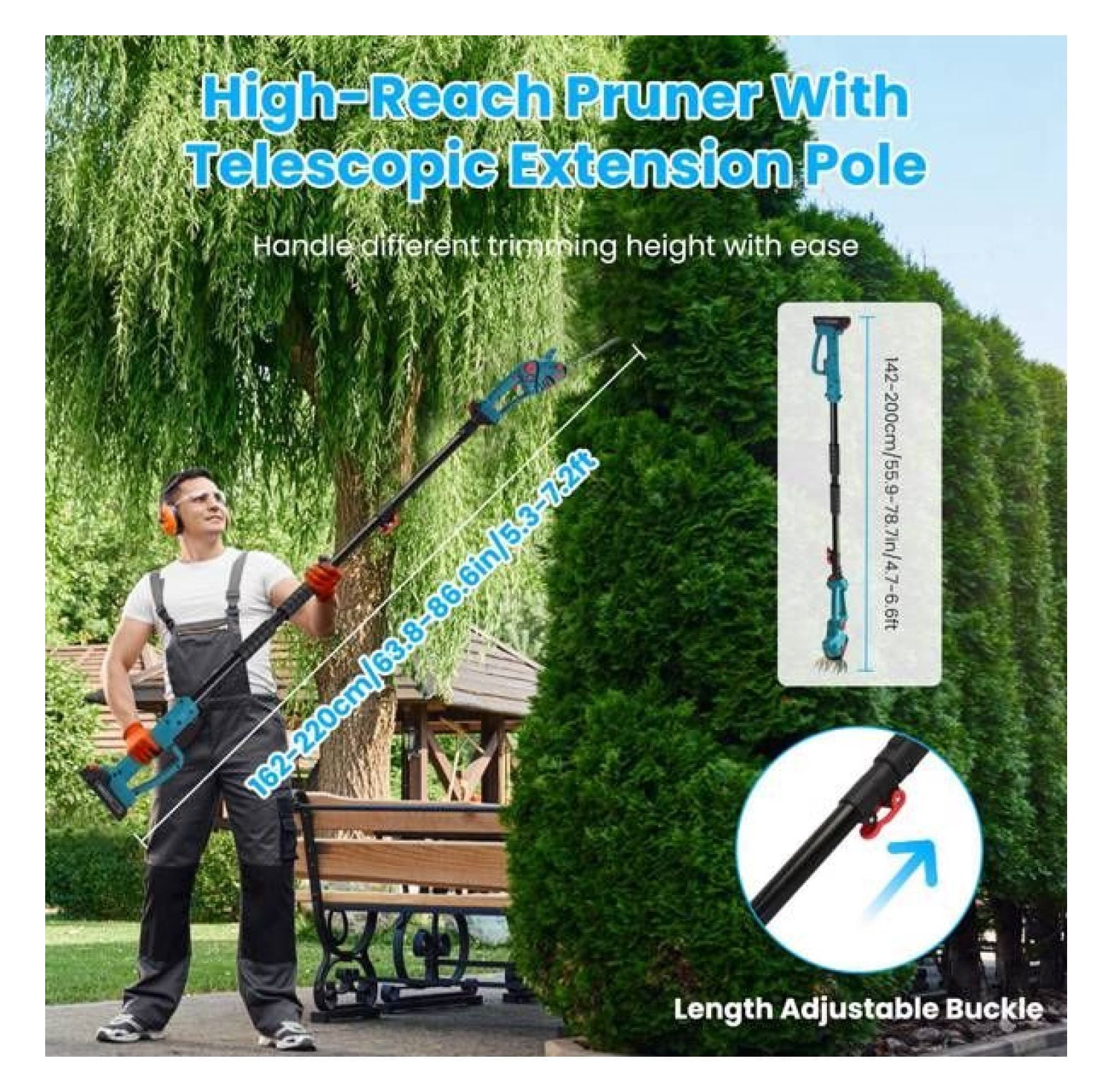 3 In 1 Multifunctional Mini Hedge Trimmer & Grass Shear Electric Cordless Handheld Hedge Trimmer with 90° Rotatable Head Telescopic Extension Pole Gloves Goggles 2Pcs 21V Batteries