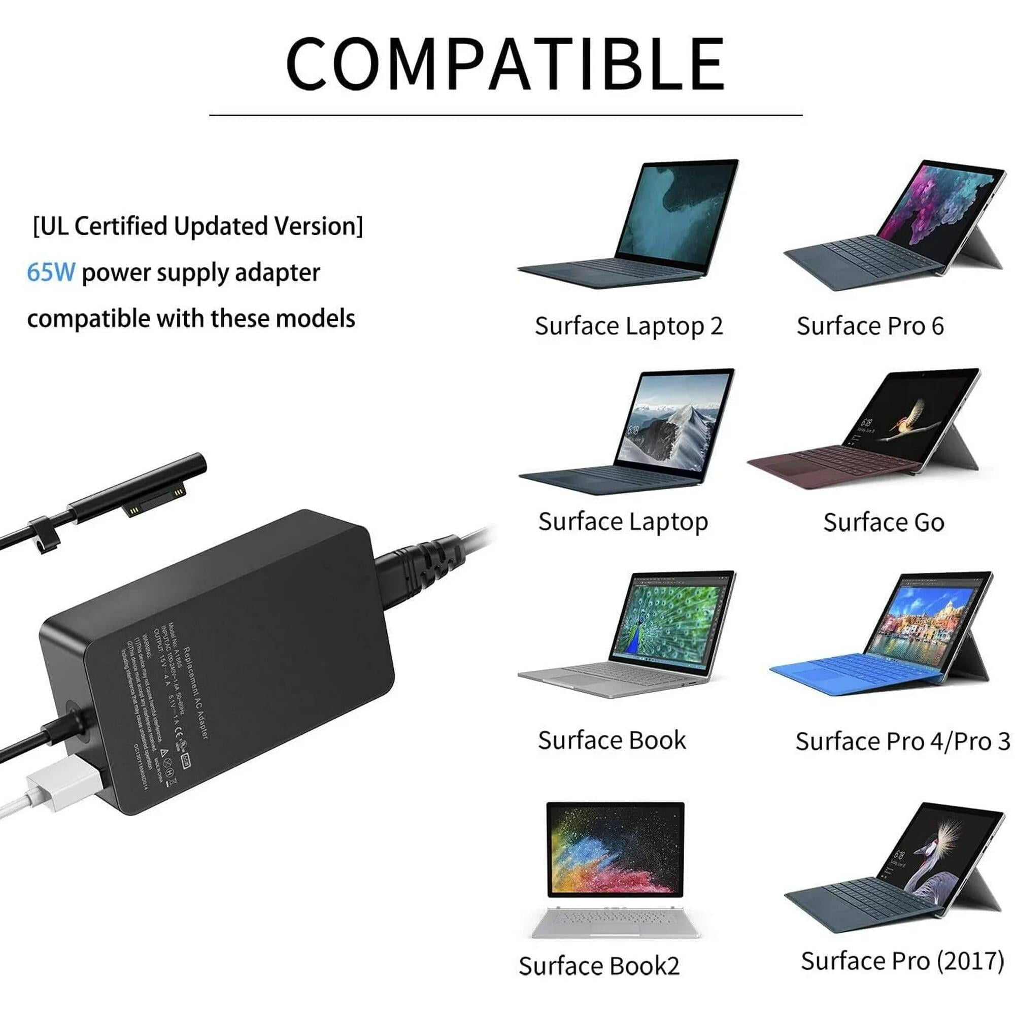 65W Charger Microsoft Surface Charger for Microsoft Surface Pro 3, 4, 5, 6, 9, 8, 7+, X, Windows Surface Laptop 5, 4, 3, 2, 1, Studio, Surface Go Tablets, Surface Book 3, 2, 1 with USB-C port