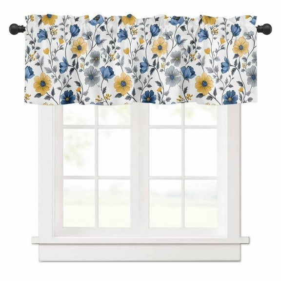 Yellow Blue Floral Valances for Windows Vintage Leaf Rod Pocket Curtain Valance Window Treatment Short Curtains for Kitchen Living Room, 54"x18"