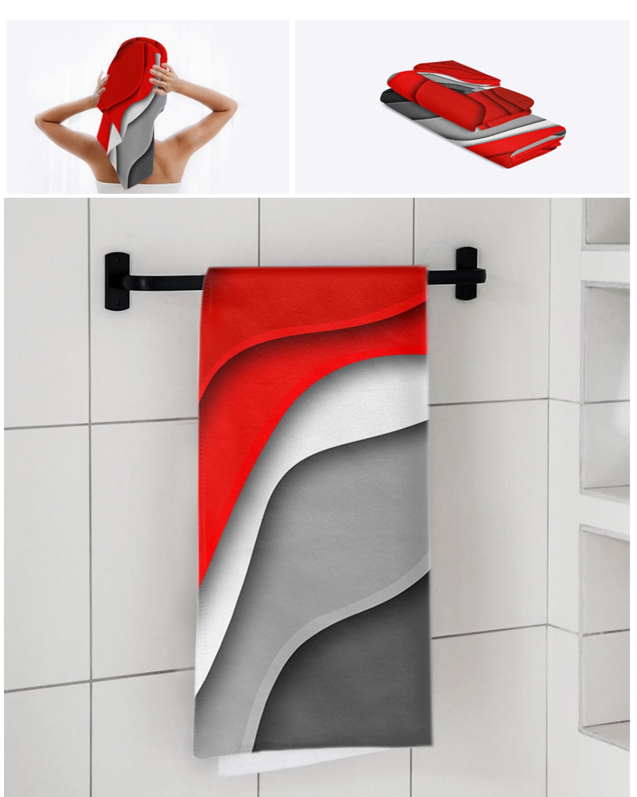 Red Black Ombre Bath Towels for Bathroom Set,Luxury Microfiber Towels Gifts for Women,Beach Kitchen Hand Hair Face Towel and Dish Washcloth,Modern Geometric Abstract Aesthetics Cream Towels+Set