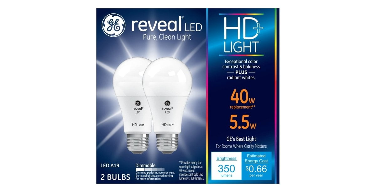 GE Lighting 22591 Bulb Reveal HD Pure Clean Light Dimmable LED A19 5.5 (40-Watt Replacement), 350-Lumen Medium Base, 2-Pack