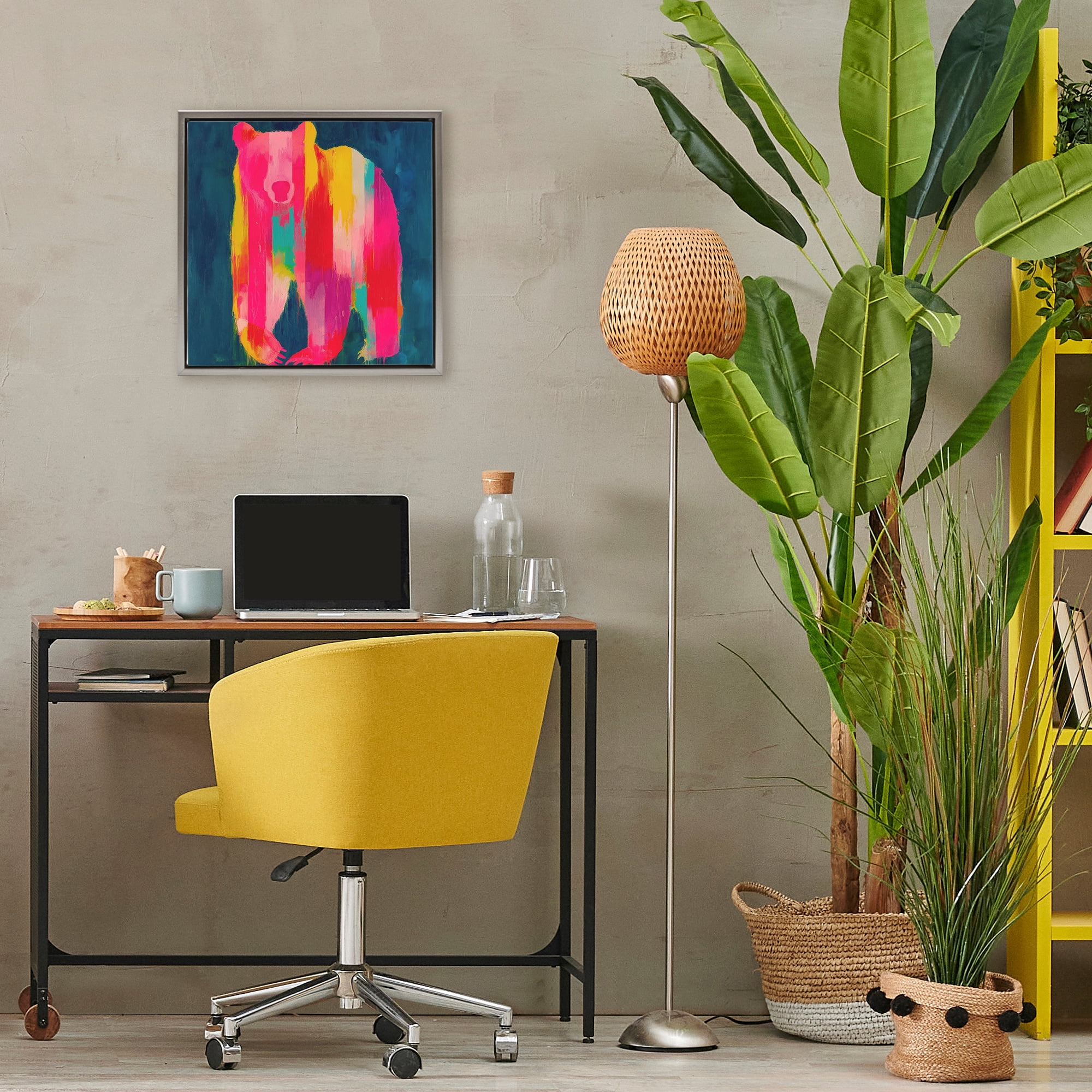 Stupell Industries Pink & Yellow Bear Standing Tall Gray Framed Floater Canvas Wall Art, design by Chromatic Storm Studio