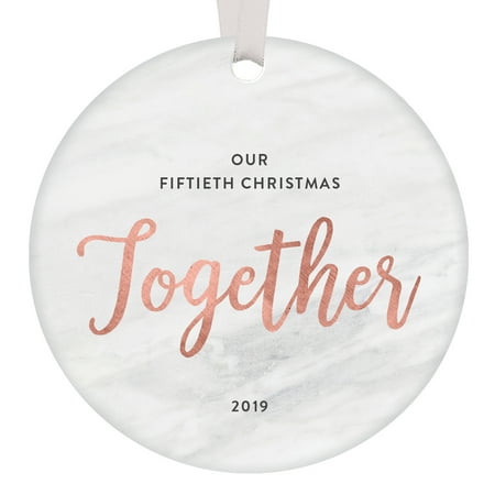 Handmade Golden Tree Couples 50th Wedding Anniversary Christmas Ornament Fifty Years Together Milestone Party Keepsake Modern Rose Gold Marble Home Decor Gift Married Husband Wife Glossy Handmade Ceramic 3