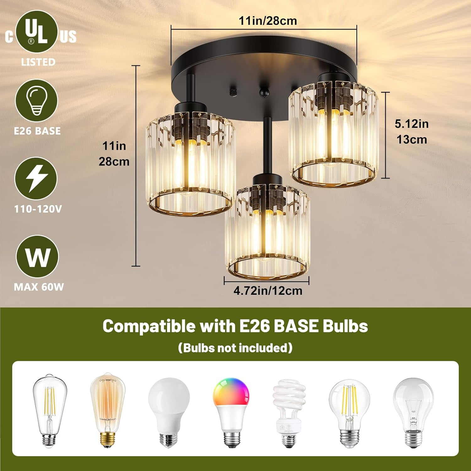 3-Light Crystal Semi Flush Mount Ceiling Light, Black Kitchen Lighting Fixtures Ceiling, Modern Hallway Light Fixtures with Clear Crystal Shades, Close to Ceiling Lamp for Bedroom Foyer Entryway