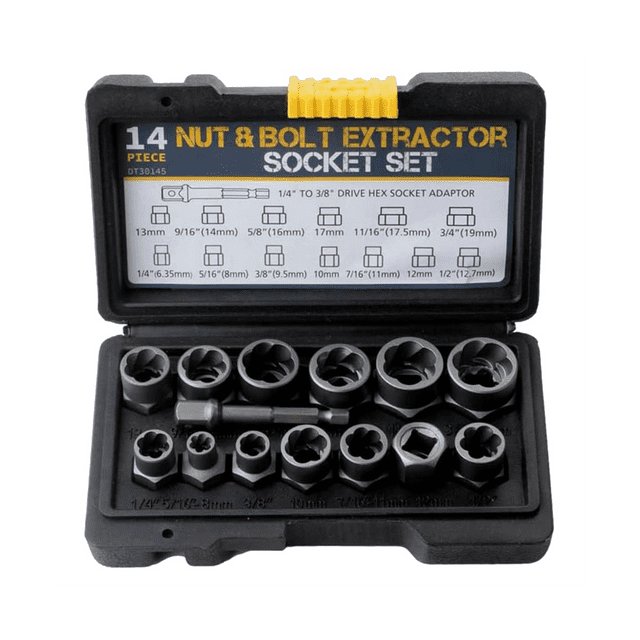 14Pcs Impact Bolt & Nut Remover Set in a black carrying case with labeled compartments for easy organization. Includes hex adapter and extraction sockets compatible with 3/8 inch and 1/4 inch drives, ideal for removing stripped, rusted, or frozen lug nuts and bolts. Made of high-carbon steel with a hexagonal spiral design for durability. Suitable for hand tools and socket sets.