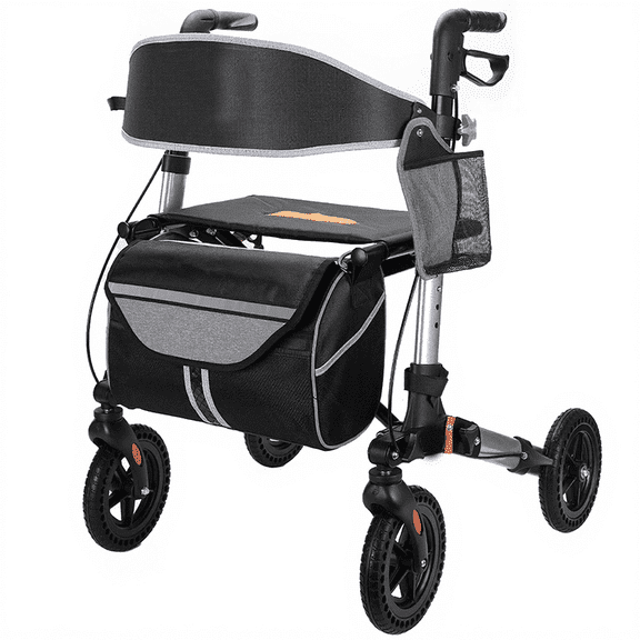 Rollator Walker for Seniors, Foldable All Terrain Walker with Seat, 8" Rubber Wheels and Backrest, Lightweight Walkers with Adjustable Height (Gray)