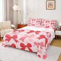 Homewish Cartoon Red Bowtie Girl Twin Sheet Sets 3pcs,Cute Bowknot Twin Fitted Sheet Microfiber,Dreamy Princess Breathable Flat Sheet,Microfiber Bedroom Decor