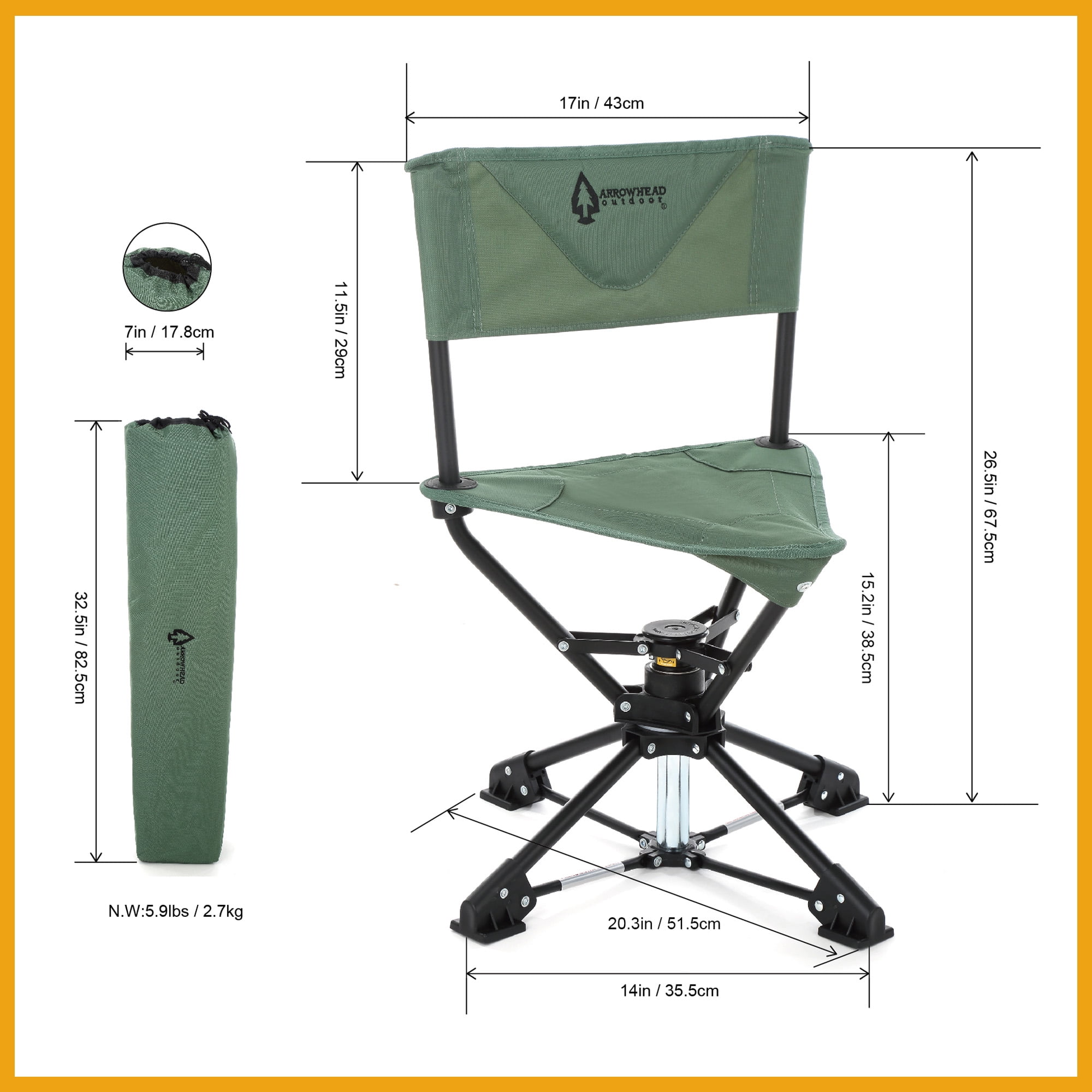 ARROWHEAD OUTDOOR KKS0314U  Degree Swivel Hunting Fishing Chair Stool Seat, No Sink Feet, 600D Canvas, Army Green