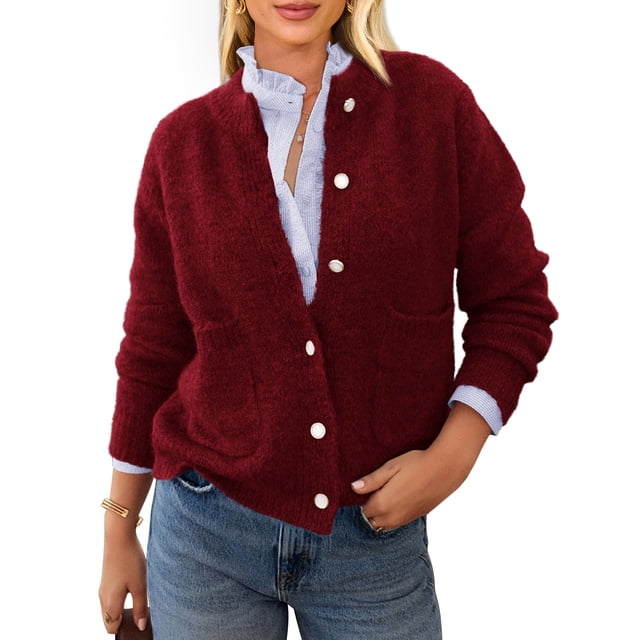 Suéter PRETTYGARDEN Cardigan de Punto para Mujer en Vino Rojo Talle S