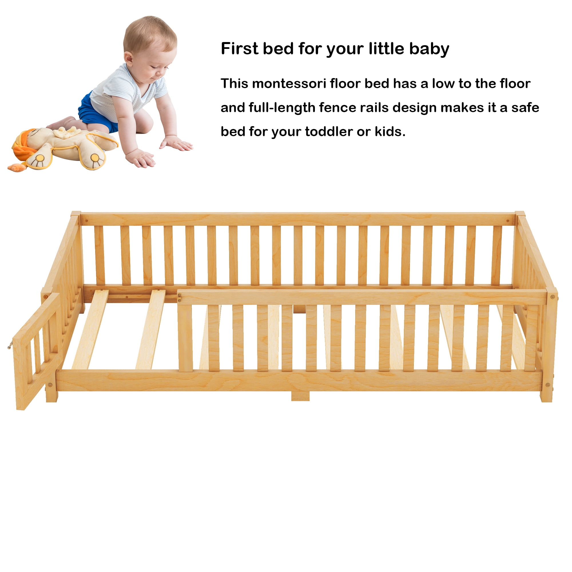 Bellemave Montessori Twin Size Solid Wood Floor Bed with Fence and Door, Twin Montessori Floor bed, Floor Bed Twin, Natural
