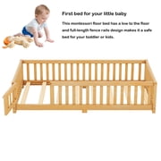 Bellemave Montessori Twin Size Solid Wood Floor Bed with Fence and Door, Twin Montessori Floor bed, Floor Bed Twin, Natural