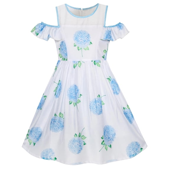 Girls Dress Blue Hydrangea Flower Cold Shoulder Party Princess 5