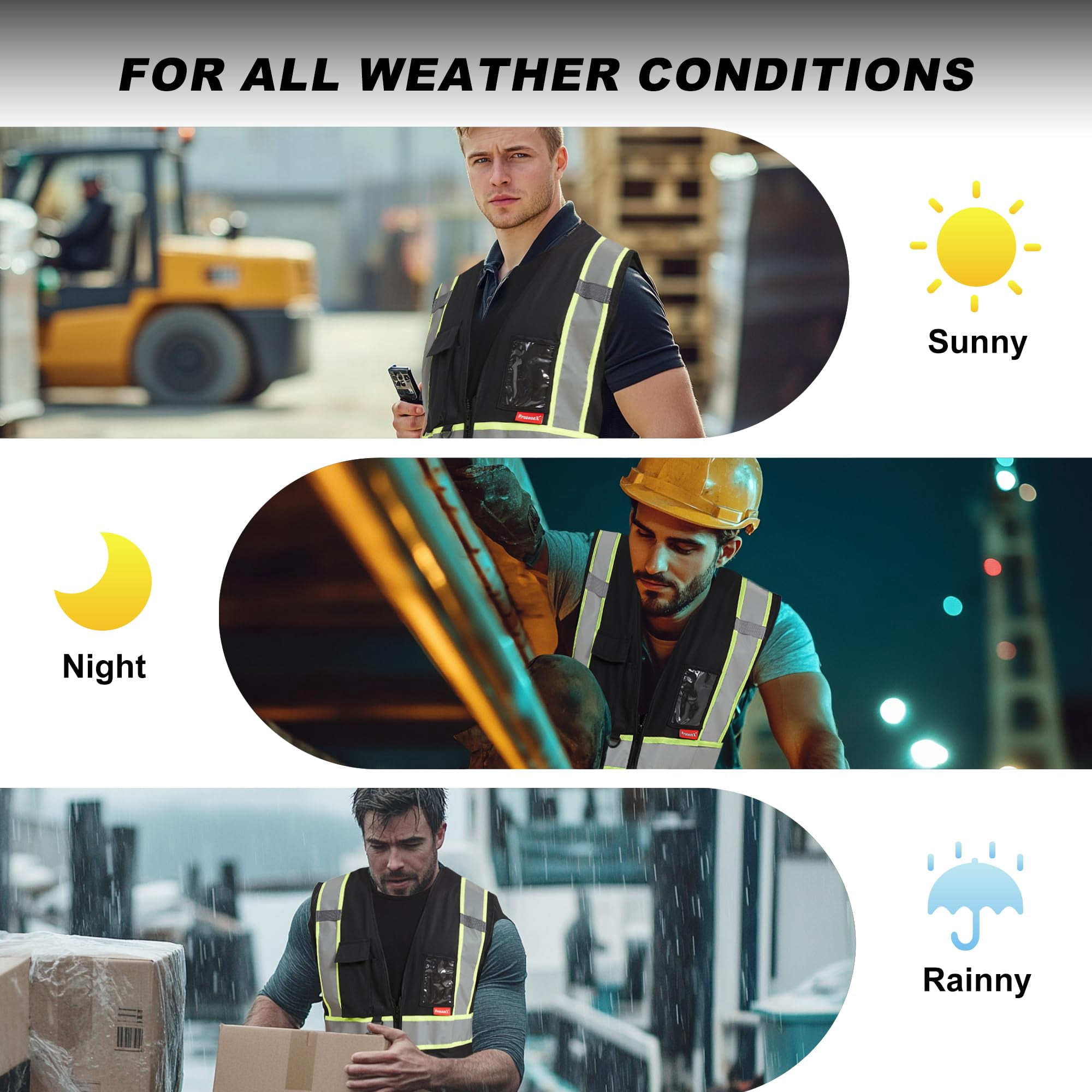 ProtectX Hi Vis Reflective Safety Vest for Men Women High Visibility Construction Work Vest with Pockets Zipper Class 2 Black 4X-Large