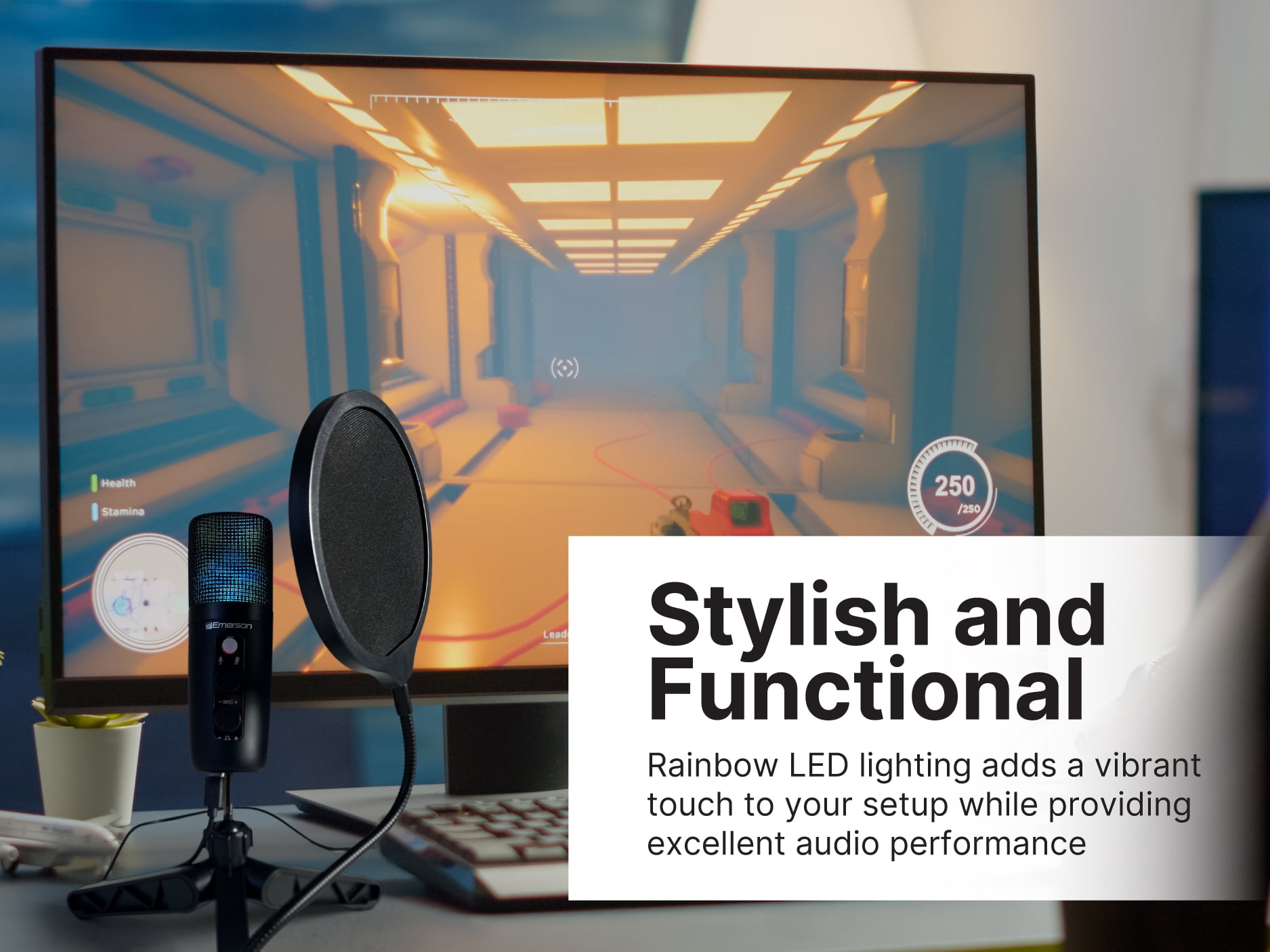 Emerson EAM-9052 USB Gaming & Streaming Condenser Microphone with LED Lighting and Pop Filter, Black