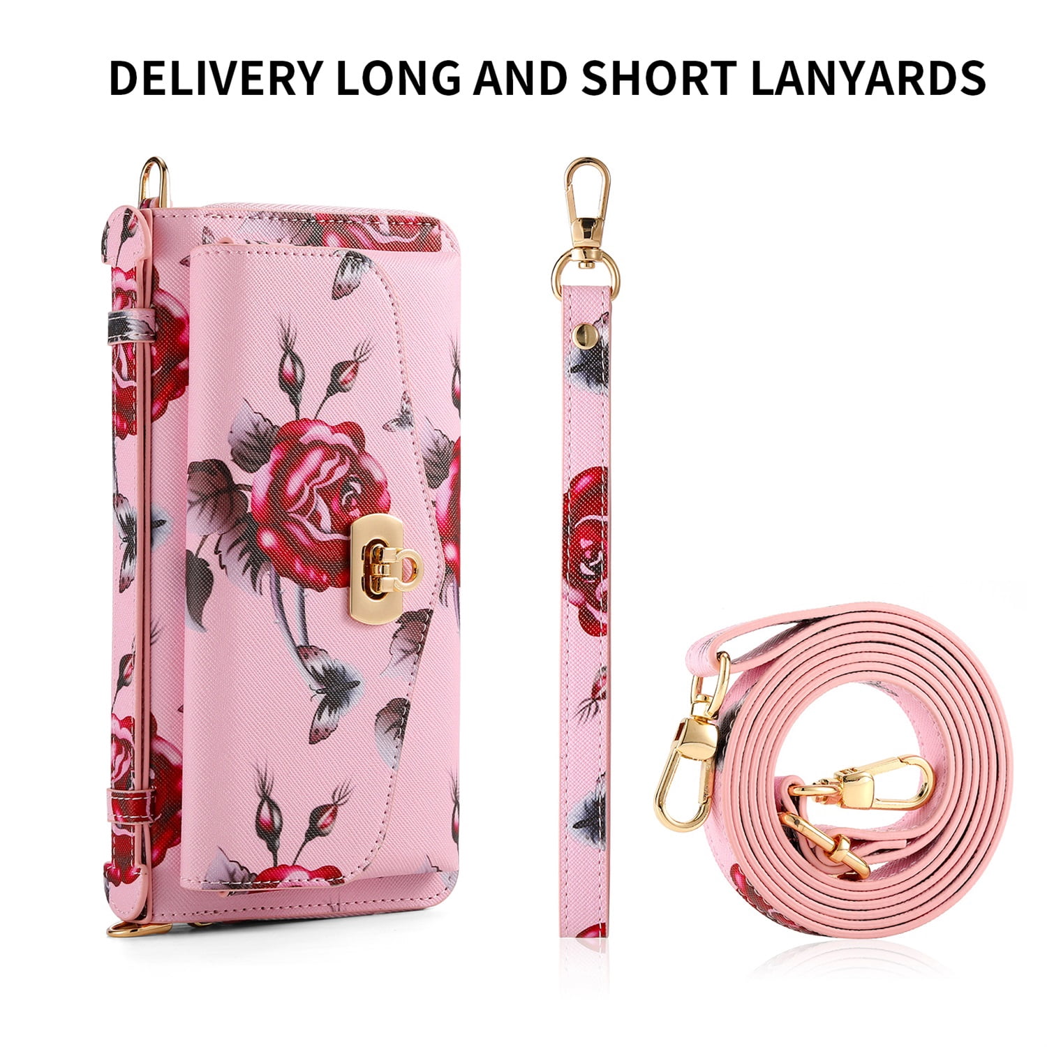 SaniMore Magnetic Detachable Wallet Case for Samsung Galaxy S22 Ultra, Flower Pattern RFID Blocking Cover Support Wireless Charging Card Slot Shoulder & Wrist Strap 360° Full Protective Shell, Pink