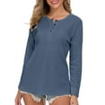 thumbnail image 4 of Button Up Waffle Top V Neck Breathable Knit Casual Loose Long Sleeve Tunic Top for Women Denim Blue M, 4 of 7