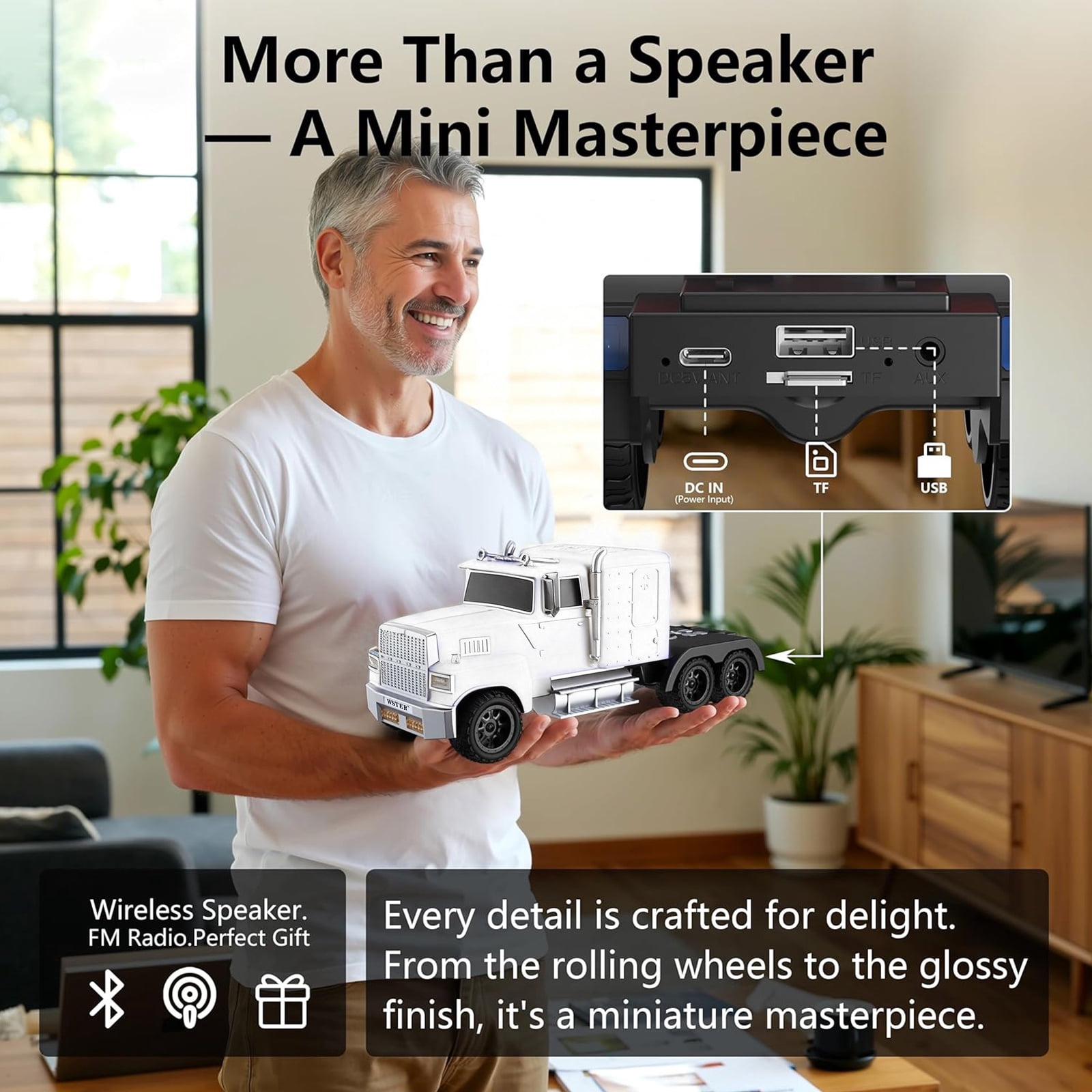 WSTER WS-570 Big Truck Model Bluetooth Speaker with USB TF Card AUX FM Radio TWS Pairing for Home OutdoorBeach Stereo Audio Subwoofers Birthday Gift(White)