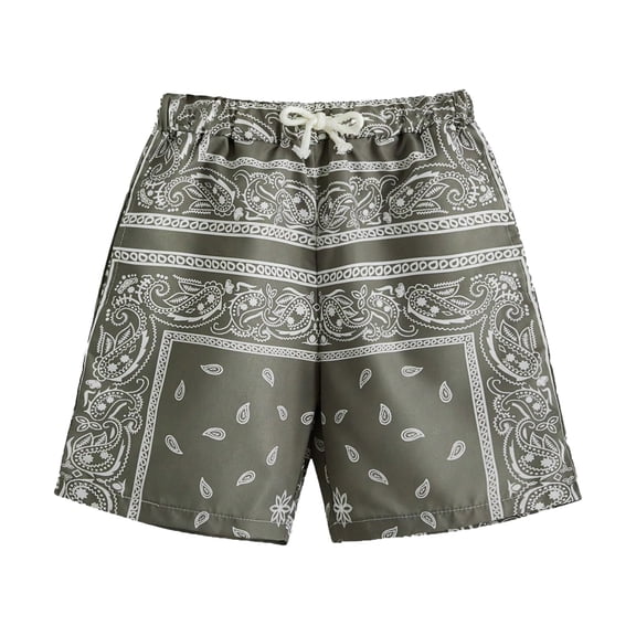 2026 New Boy's Summer Boho Paisley Print Shorts Casual Kids Drawstring High Waisted Graphic Shorts with Pocket(Grey,11-12 Years)