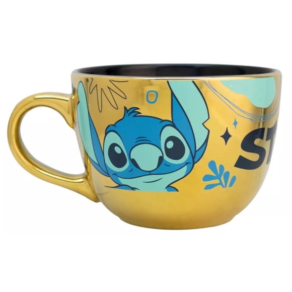 Tazon de Ceramica Metalizado Stitch Cerealero Dorado Capacidad 710 ml Taza Jumbo Tarro