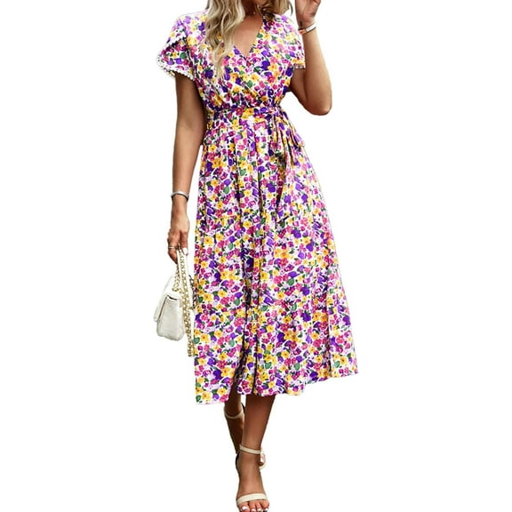 HLSOHJP Women's Floral Boho Dress Short Sleeve V-Neck Belted Ruffle Colorful Beach Bohemian Casual Summer Split Midi Dress