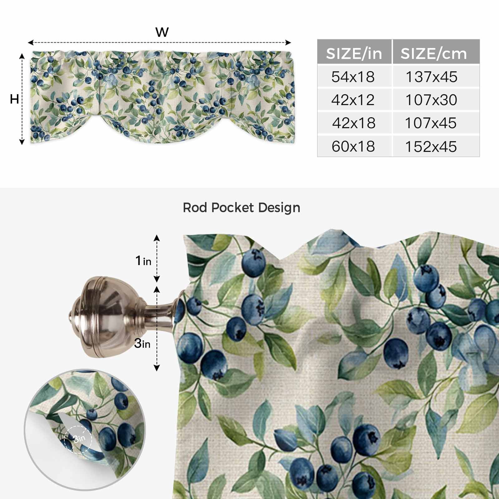 Blue Blueberry Tie Up Valance for Windows, Green Leaf Pastoral Plant Vintage Linen Adjustable Rod Pocket Tie Up Valance Curtains Window Treatment for Kitchen Bathroom Bedroom 60 X 18 Inch