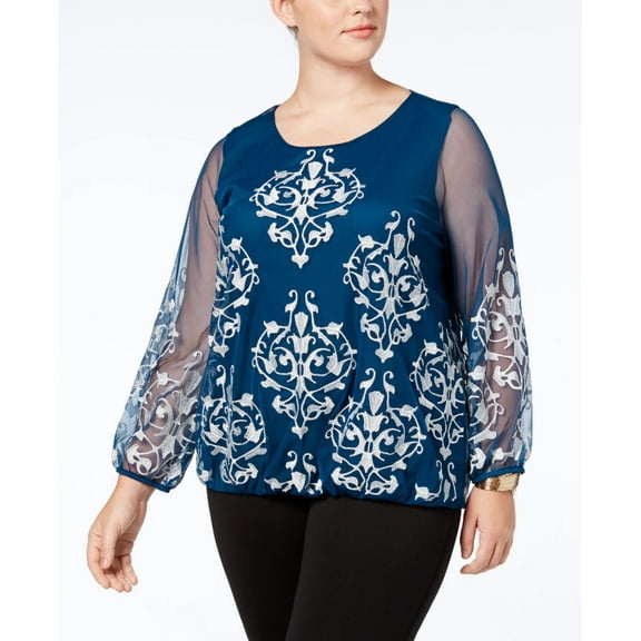 Alfani Plus Size Embroidered Mesh Sleeve Blouse Teal Damask 1X