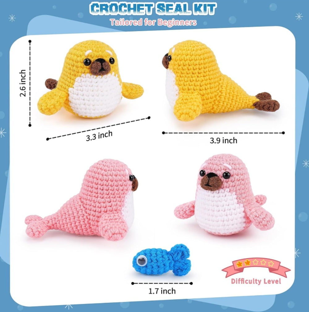 Seal & Fish Crochet Kit for Beginners, 2-Pack Amigurumi Starter Set with Step-by-Step Video Tutorials, TIKA