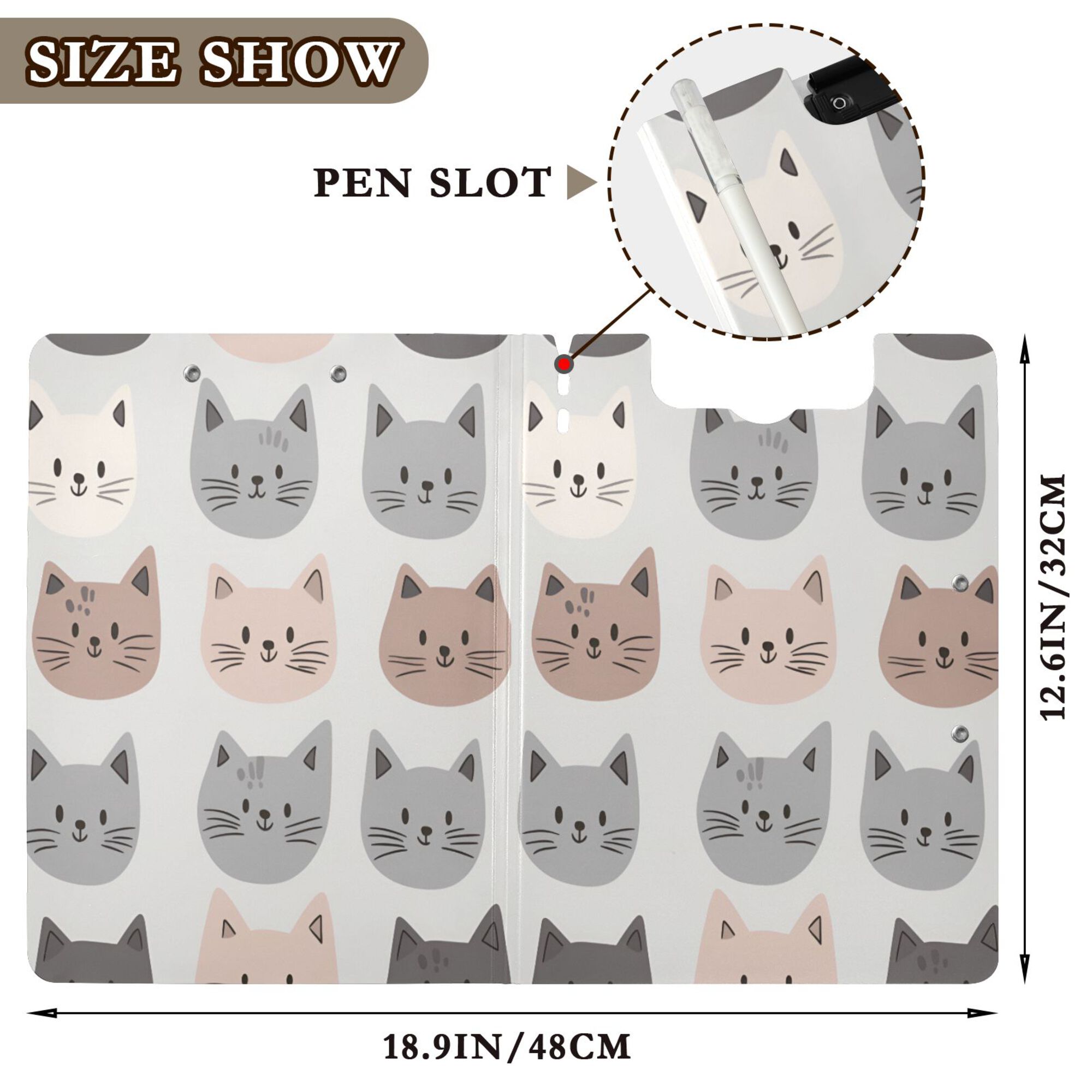 FORMRS A4 Clipboard Folder with Pen Holder Horizontal Foldable School Office Binder, Gray Cat Pattern