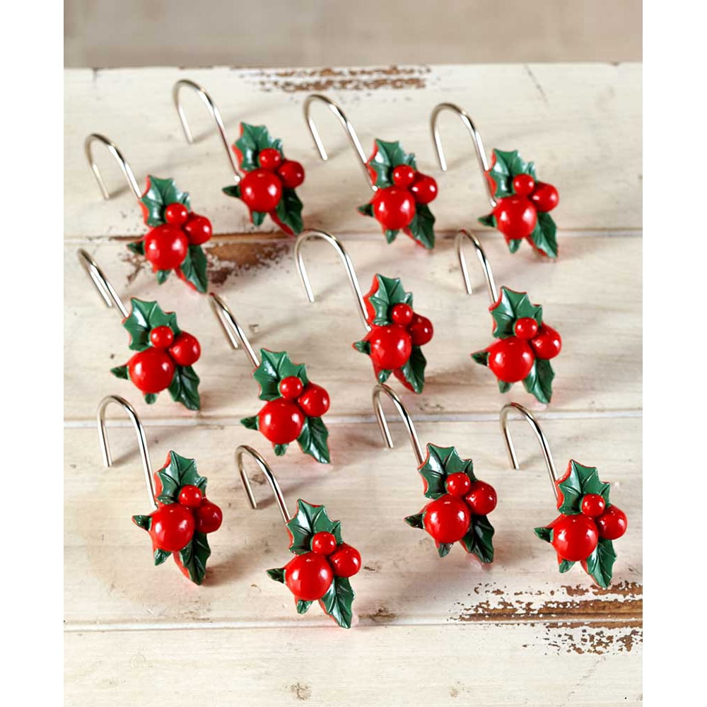 Christmas Mistletoe Shower Curtain Hooks for Holiday Bathroom Decor