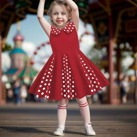 

Hbdhejl Toddler Girls Dress Childrens Kids Polka Dot Patchwork Lapel Zip Up Sleeveless Dress Princess Dress Red 11-12 Years
