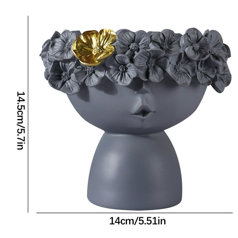 Solacol Flower Vase with Artificial Flowers Cute Flower Wreath Girl Vases Crown Doll Head Container Planter Resin Small Dried Flowers for Resin, Gray