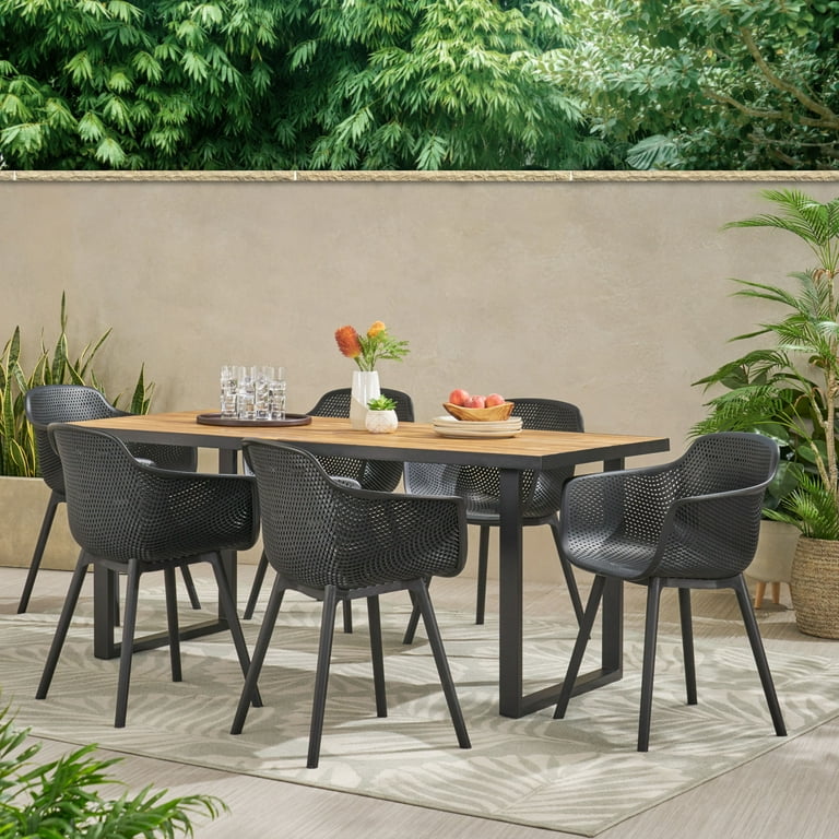 Waylon Wood and Resin Outdoor 7 Piece Dining Set Black and Teak