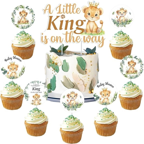 Lion Baby Shower Decoration, 25pcs A Little King Is on The Way Decoration Cake Cupcake Topper for Lion Wild Woodland Jungle Safari Baby Shower Gender Reveal Decoration