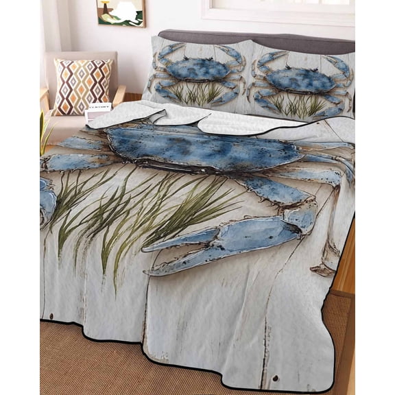 Blue Crab Coastal King Size Down Alternative Comforter, Lightweight Comforter Quilt Bedding Set with Pillow Shams Vintage Beach Nautical Coral Sea All Seasons Bed Comforter Duvet Insert 96"x106"