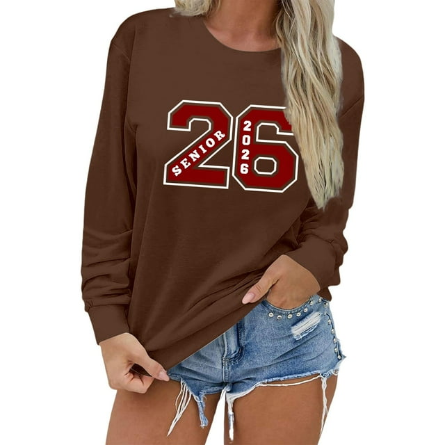 Chandail en Molleton Col Rond Femme Basique Automne Chandail avec Imprimé Lettre Col Rond Superposition Confort Café TG