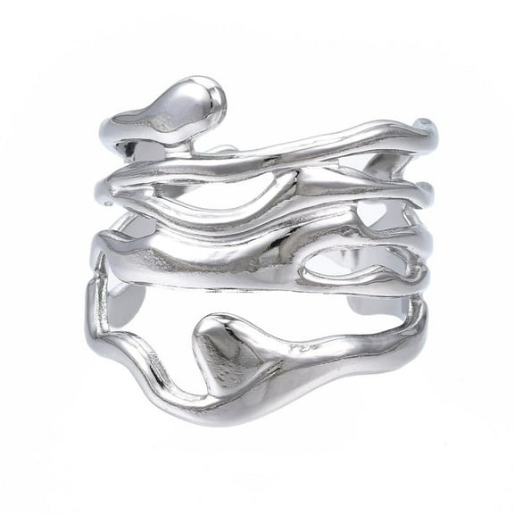 Non-Tarnish 304 Stainless Steel Wave Open Cuff Ring Chunky Hollow Ring for Women Stainless Steel color Size 7(17.3mm)