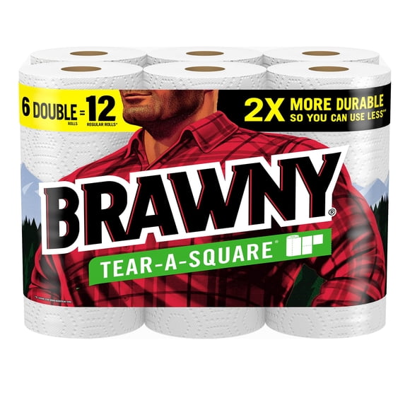 Brawny Essuie-Tout Tear-A-Square, 6 Rouleaux Doubles = 12 Rouleaux Réguliers, 3 Formats de Feuilles (Quart, Moitié, Pleine), Résistance pour Tous les Dégâts, Nettoyage