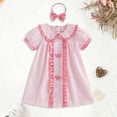thumbnail image 2 of Ulanda Toddler Girl Easter Outfit Bunny Bow Embroidery Striped Print Short Sleeve Ruffle Dress with Headband Spring Clothes (Pink, 2-3 Years), 2 of 7