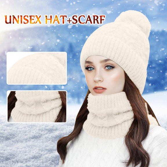 Dyfzdhu Fashion Women Winter Knit Hat Ball Collar Set Thick Warm Solid Earmuff Beige