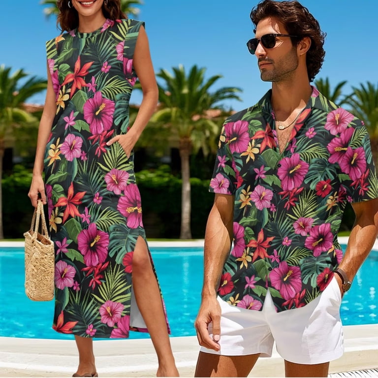 beach dress for men and women PATPAT Couples Matching Outfits Bodycon Dress & Button-Down Shirt Beige
