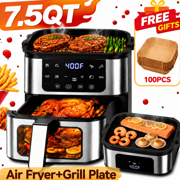 Air Fryer 7.5 QT Large Capacity, 8-in-1 Air Fryer Oven with Grill Plate, Digital LED Touch Screen with Presets, Visible Window & Interior Light, Rapid Air Circulation, 95% Less Oil, Air Fryer Liners