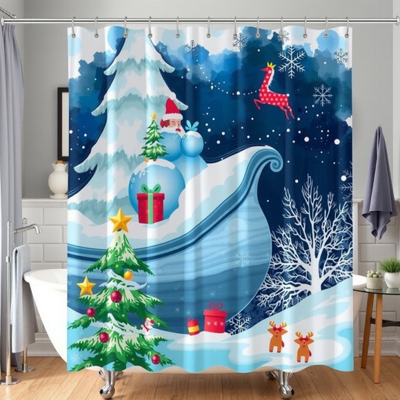 Whimsical Christmas Shower Curtain - Santa's Sleigh & Frosted Tree Design