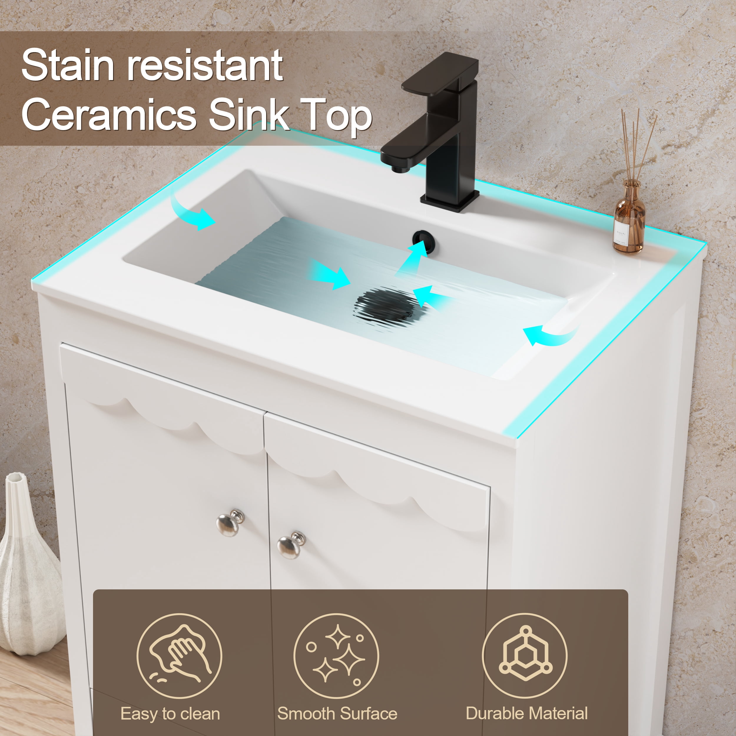 24" Single Bathroom Vanity with Ceramic Sink Top, Faucet, Decorative Wavy Edge