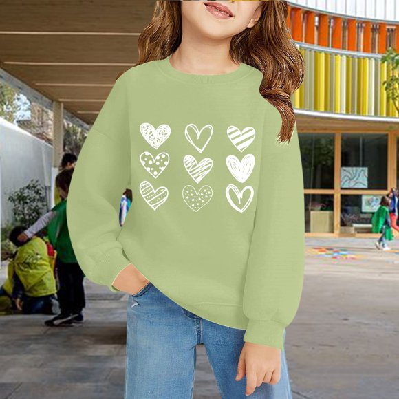 Chandail en Molleton Imprimé Cœur pour Filles, Coupe Ample Col Rond Manches Longues avec Design Amour, Chemise Décontractée en Coton Doux pour Filles Tout-Petits, Plusieurs Couleurs Disponibles pour Usage Quotidien Vert Clair